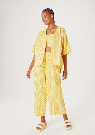 Kimono Feminino Estampado Em Linho - Amarelo