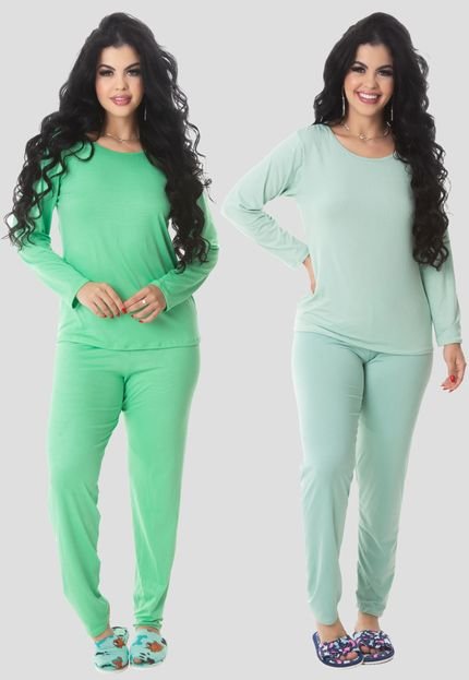 Kit 2 Pijama Longo Suede Inverno Feminino MdMix Verde Claro e Verde - Marca MdMix