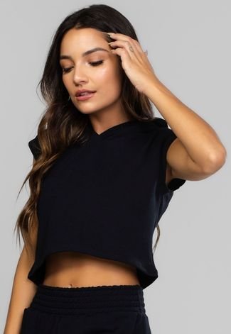 Blusa Cropped Vicbela Regata Com Capuz Moletinho Inverno Preto