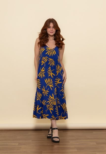 Vestido Ingrid Folhagem Tropical Azul - Marca Aura