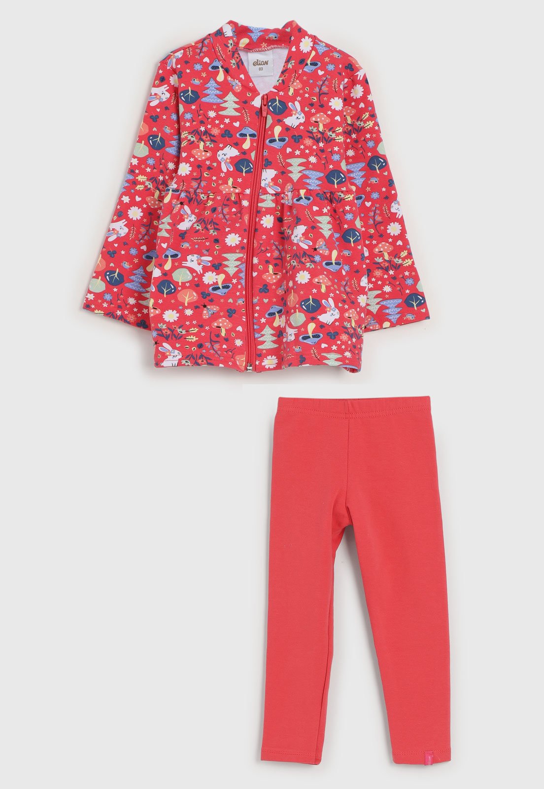 Conjunto Infantil 2pçs Manga Longa Elian Floral Com Zíper Vermelho - Marca Elian