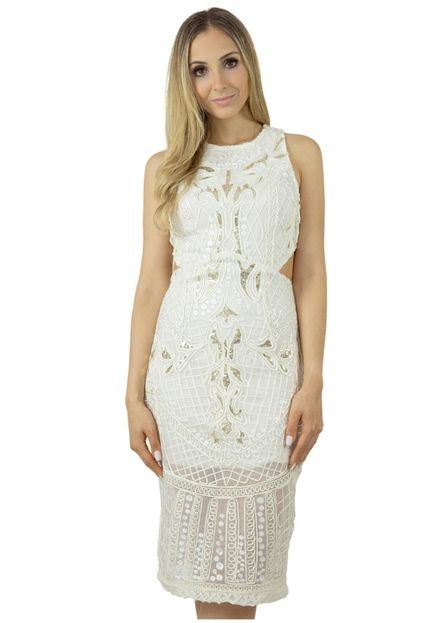 Vestido Liage Midi Curto Renda Bordado Paete Recorte Transparencia Sem Manga Decote Canoa Creme Off-White Dourado - Marca Liage