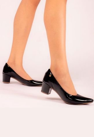 Sapato Feminino Scarpin Verniz Salto Baixo Preto