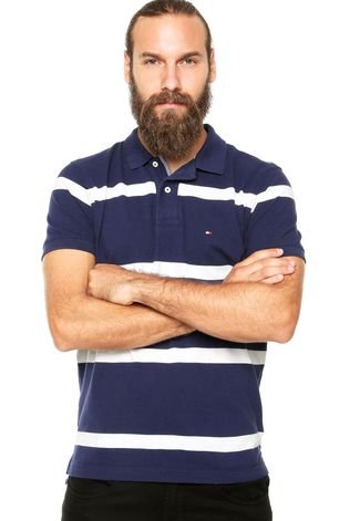 Camisa Polo Tommy Hilfiger Regular Fit Listras Azul Marinho