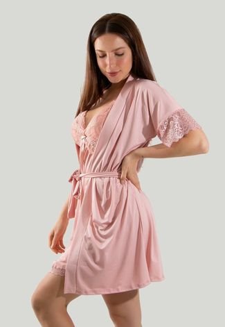 Robe Romantic Linha Noite Sexy Com Renda Rosa