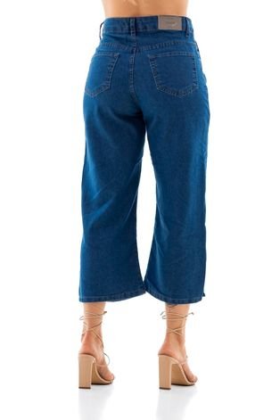 Pantacourt Jeans Feminina Slim com Fenda Lateral  Azul