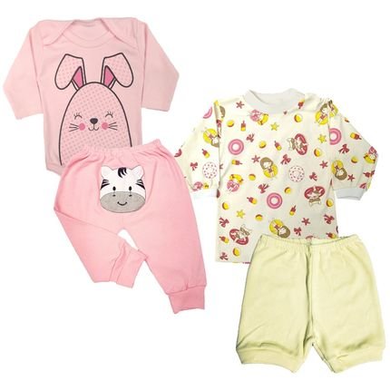 Kit Roupas de Bebê 4 Pçs Body Mijão Bordado Camiseta e Short Rosa - Marca Koala Baby