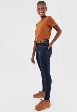 Calça Cropped Jeans Biotipo Skinny Pespontos Azul-Marinho