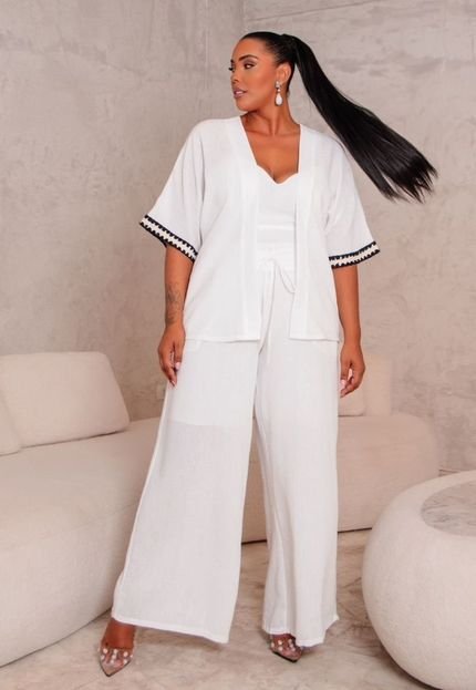 Trijunto Feminino Kimono Top E Calça Plus Size  Off White - Marca Predilects Plus
