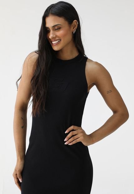 Vestido Canelado Colcci Midi Logo Preto - Marca Colcci