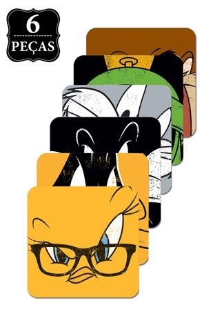 Kit 6pçs Porta-Copos Looney Tunes MDF All Caracthers Big 10x10cm Amarelo/Preto