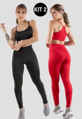 Kit 2 Conjuntos Feminino Fitness Top alça fina e Calça Legging Lisa Treino Academia 4 Estações Preto/Vermelho
