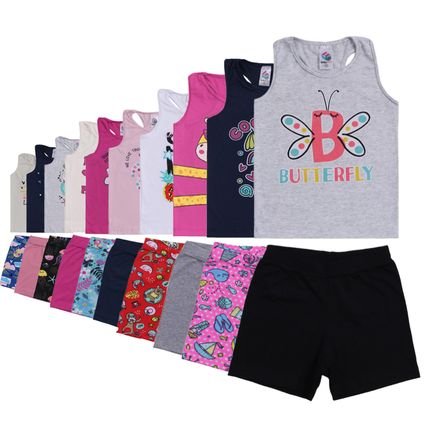 Moda de Verão Infantil de Menina Feminina com 10 Regatas e 10 Shorts em Cotton Liso e Estampados - Marca Alikids