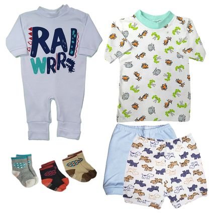 Kit Bebê 7 Peças Macacão Camiseta Short Suedine e Meias Bebê Azul - Marca Koala Baby