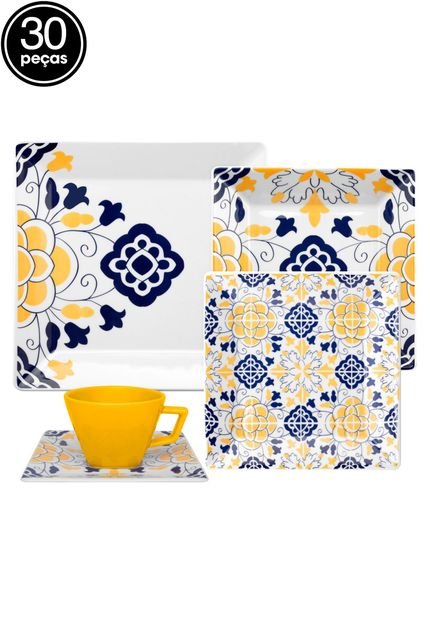 Aparelho de Jantar e Chá Oxford Porcelana Quartier Servilha 30Pçs Branco/Azul/Amarelo - Marca Oxford