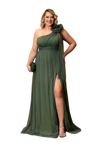 Vestido Longo de Festa Madrinhas Curvy Plus Size um Ombro com Detalhe Macela Verde Oliva