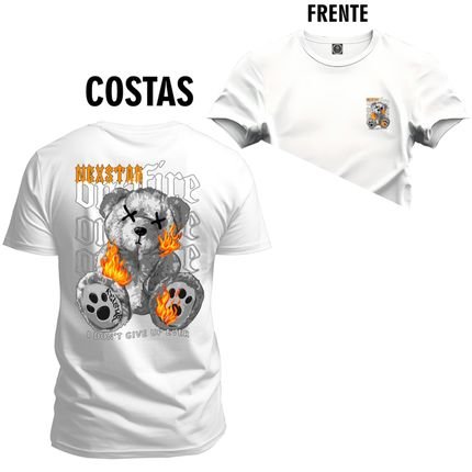 Camiseta Plus Size Confortável Premium Macia Urso Fight Fogo Frente e Costas - Branco - Marca Nexstar