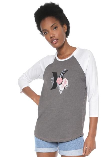 Camiseta Hurley Raglan Icon Flower  Cinza/Branca - Marca Hurley