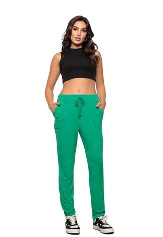 Calça Feminina Soltinha em Malha com Elástico e Amarração  Verde