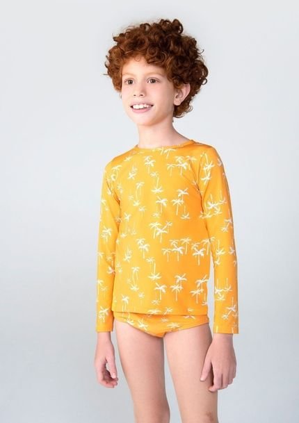 Camiseta Infantil Menino Manga Longa Estampado Coqueiros E Proteção Solar - Camelo - Marca Hering