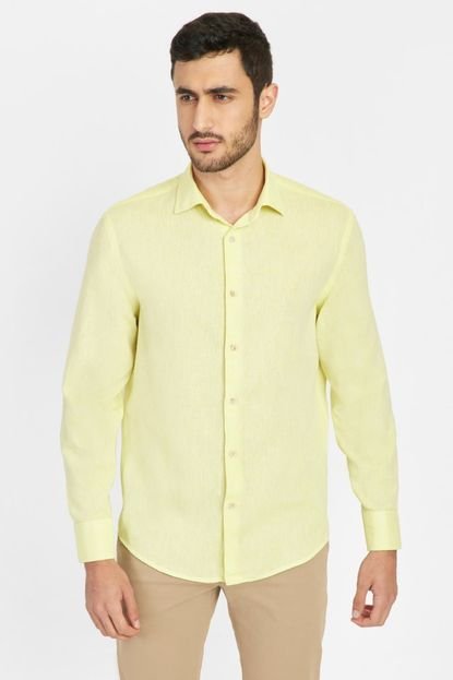 Camisa Manga Longa Slim em Linho e Algodão Amarelo Claro - Marca Aramis
