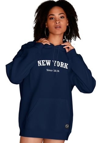 Blusa De Frio Feminina Moletom Flanelado Com Capuz e Bolso Canguru New York Azul Marinho