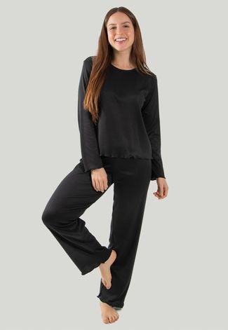 Pijama Longo Canelado Feminino Roupa de Dormir Linha Noite Preto