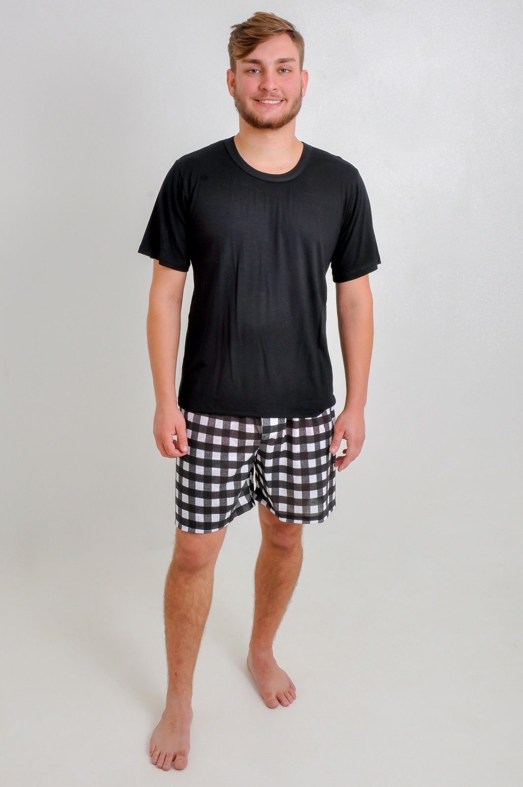 Pijama Masculino De Malha Adulto Curto Verão Blusa E Short Xadrez Preto - Marca CIA DA SEDA