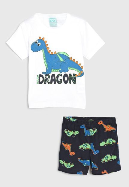 Pijama Kyly Curto Infantil Dragon  Branco/Azul-Marinho - Marca Kyly