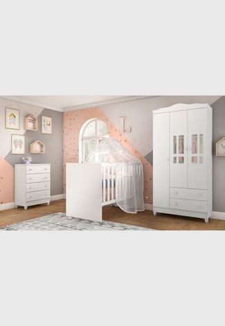 Dormitório Ariel Guarda Roupa 3 Portas/Cômoda Ariel/Berço Gabi Branco Carolina Baby
