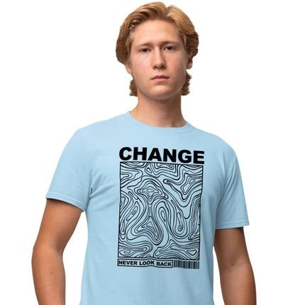 Camisa Camiseta Estampada Masculina em Algodão 30.1 Change Never Look Back - Azul Bebe - Marca Genuine
