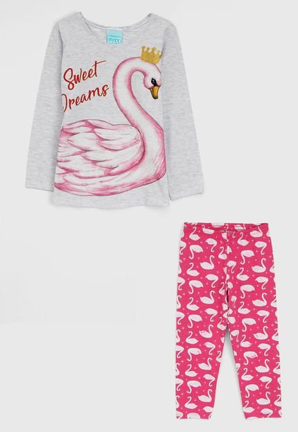 Pijama Kyly Longo Infantil Full Print Cinza/Rosa - Marca Kyly