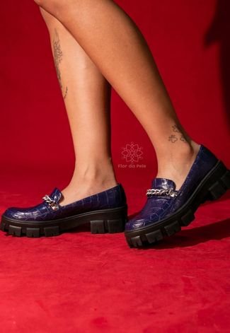 Sapato Feminino Mocassim Tratorado 190253 Croco Azul Marinho