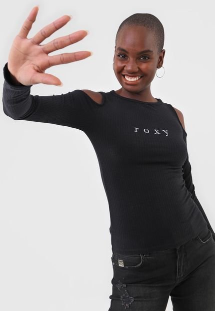 Blusa Roxy Off Shoulder Canelada Preta - Marca Roxy