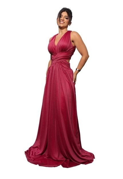 Vestido Longo de Festa Micro Tule com Brilho decote em V Abertura Lateral Camille Pink - Marca Cia do Vestido
