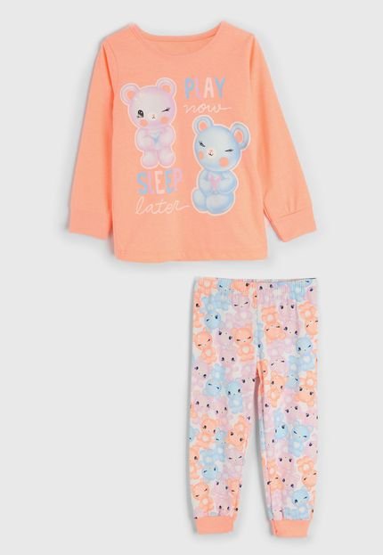 Pijama Infantil Brandili Longo Cute Bear Coral/Lilás - Marca Brandili
