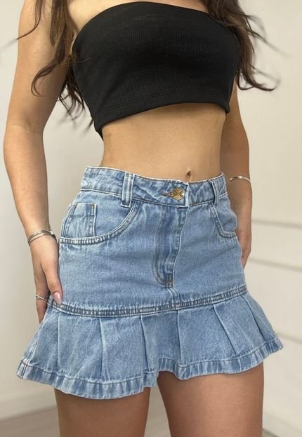 Saia jeans mini Colegial Plissada - Marca Cia do Vestido