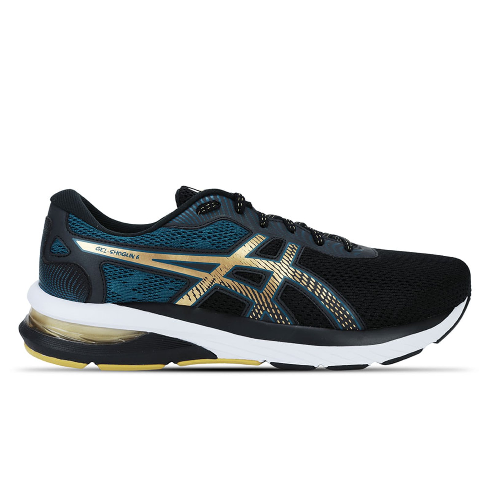 Tênis ASICS GEL-Shogun 6 - Masculino - Preto com Azul e Dourado - Marca Asics