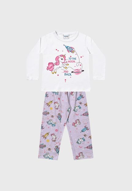Pijama Fakini Longo Infantil Unicórnio Branco/Lilás - Marca Fakini