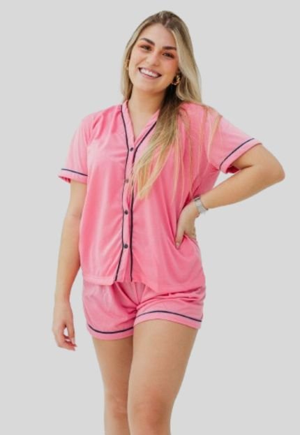 Pijama Rosa Short Doll Curto Em Malha Blogueirinha Short e Blusa Amamentação Pós Cirurgico - Marca Gatria