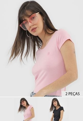 Kit 2pçs Camiseta Polo Wear Logo Preto/Rosa