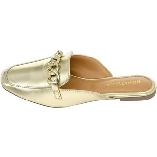 Sapato Mule Femino Donatella Shoes Bico Quarado Corrente Colorido Metalizado Ouro Light