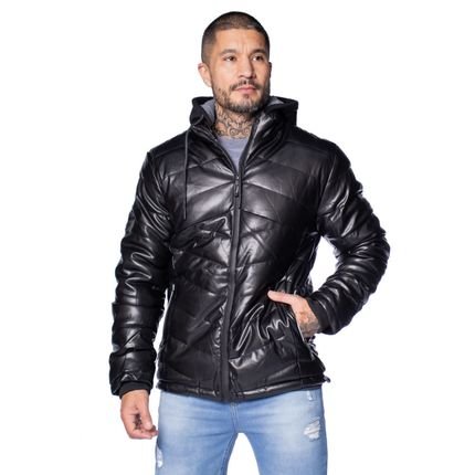 Jaqueta Masculina Gangster Puffer Corino com Capuz Preta - Marca Gangster