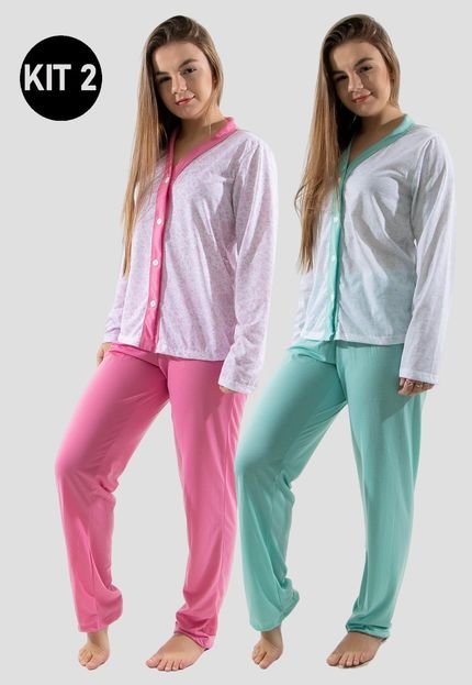 Kit 2 Pijamas 4 Estações Com Botão Amamentação Manga Longa Feminino Rosa/Verde - Marca 4 Estações