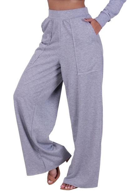 Calça Feminina Wide Leg Pantalona Cintura Alta com Bolso de Moletinho Inverno Cinza - Marca TERRA E MAR MODAS
