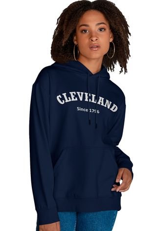 Blusa De Frio Feminina Moletom Flanelado Com Capuz e Bolso Canguru Cleveland Azul Marinho