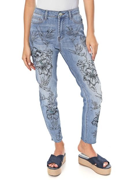 Calça Jeans Desigual Skinny Cropped Hibiscus Azul - Marca Desigual
