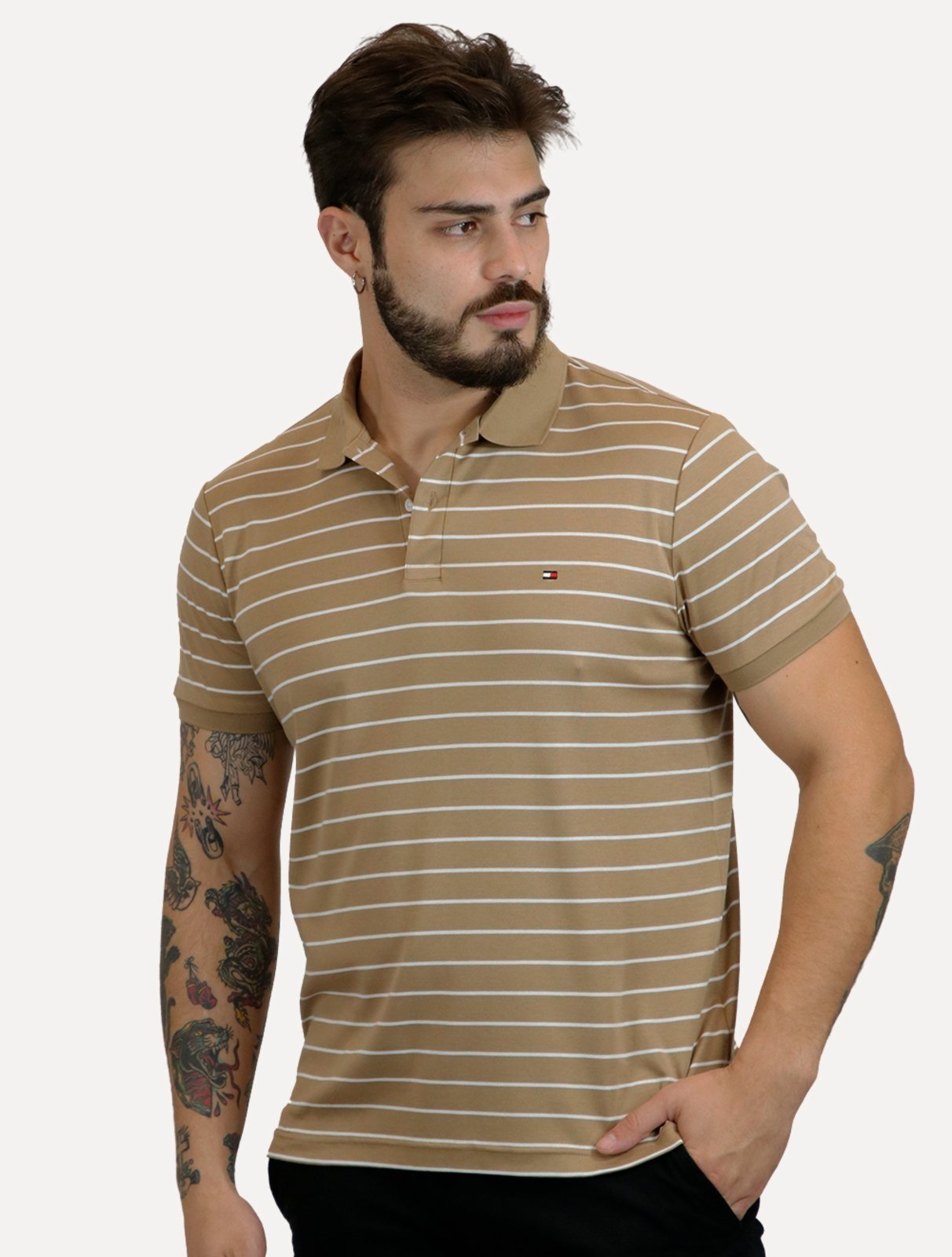 Polo Tommy Hilfiger Masculina Malha Liquid Cotton Striped Cáqui - Marca Tommy Hilfiger