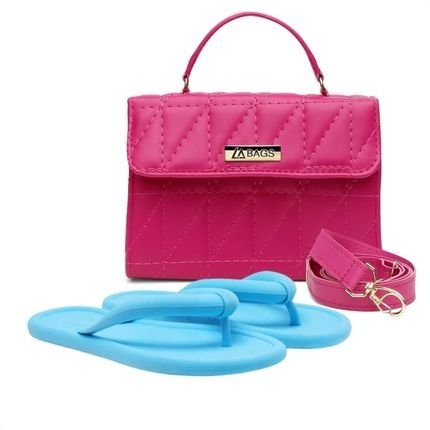 Kit Bolsa Matelassê Transversal Feminina   Chinelo Flip Flop Rosa Azul - Marca LA BAGS