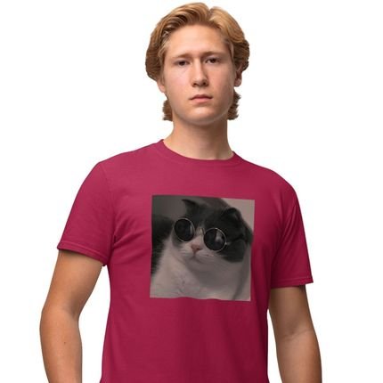 Camisa Camiseta Estampada Masculina em Algodão 30.1 Gato de Oculos - Bordo - Marca Genuine
